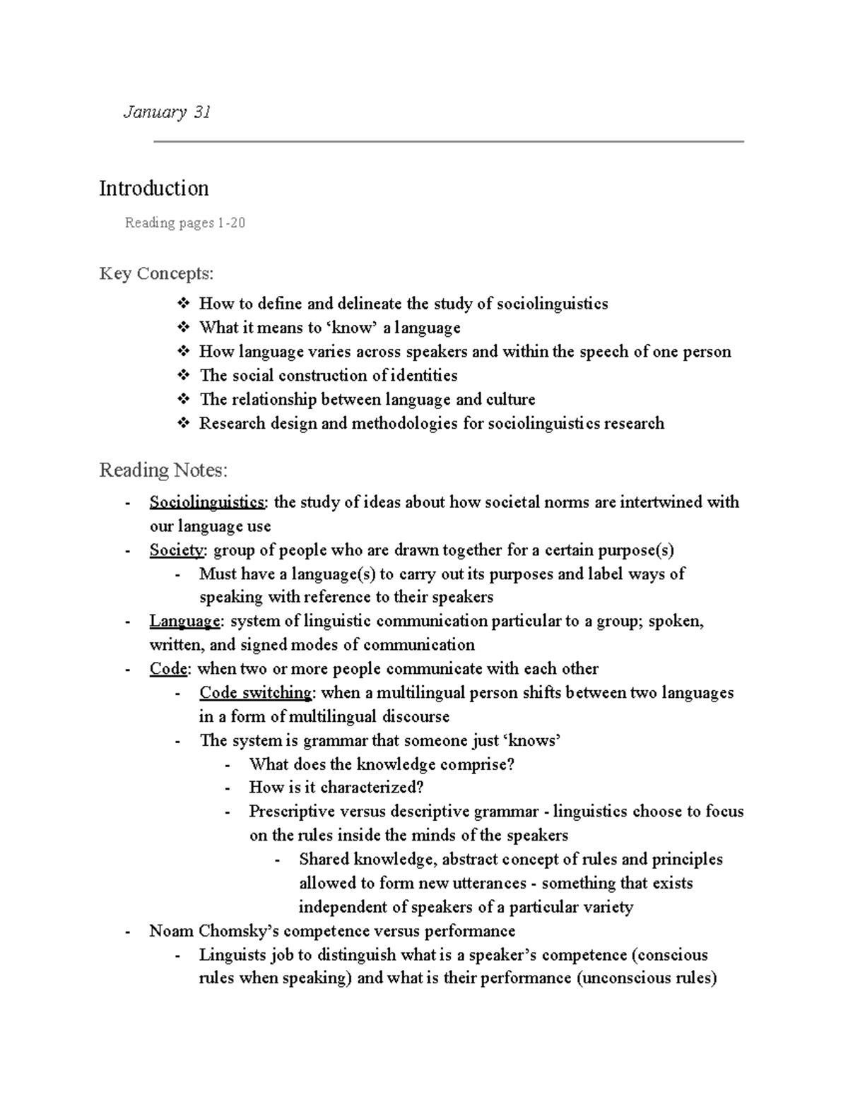 LIN315 Notes January 31 Introduction Reading pages 1 Key Concepts