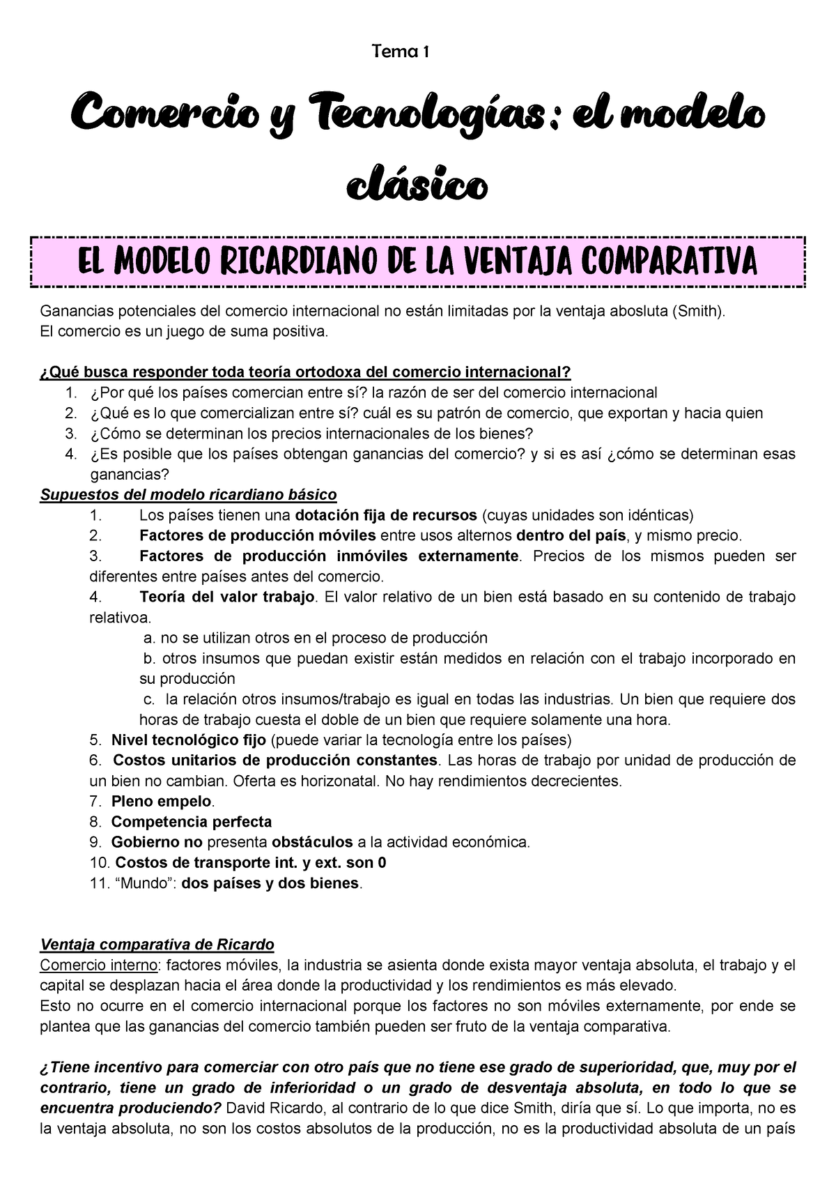 Resumen tema 1 - RRII 2022 - Tema 1 Comercio y Tecnologías: el modelo  clásico EL MODELO RICARDIANO - Studocu