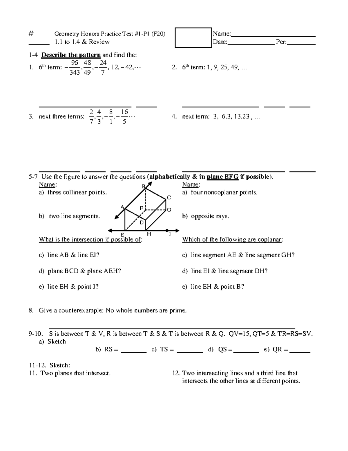 T#1-1 P1 1.4 H Geo Practice (F20) - Geometry Honors Practice Test #1-P1 ...