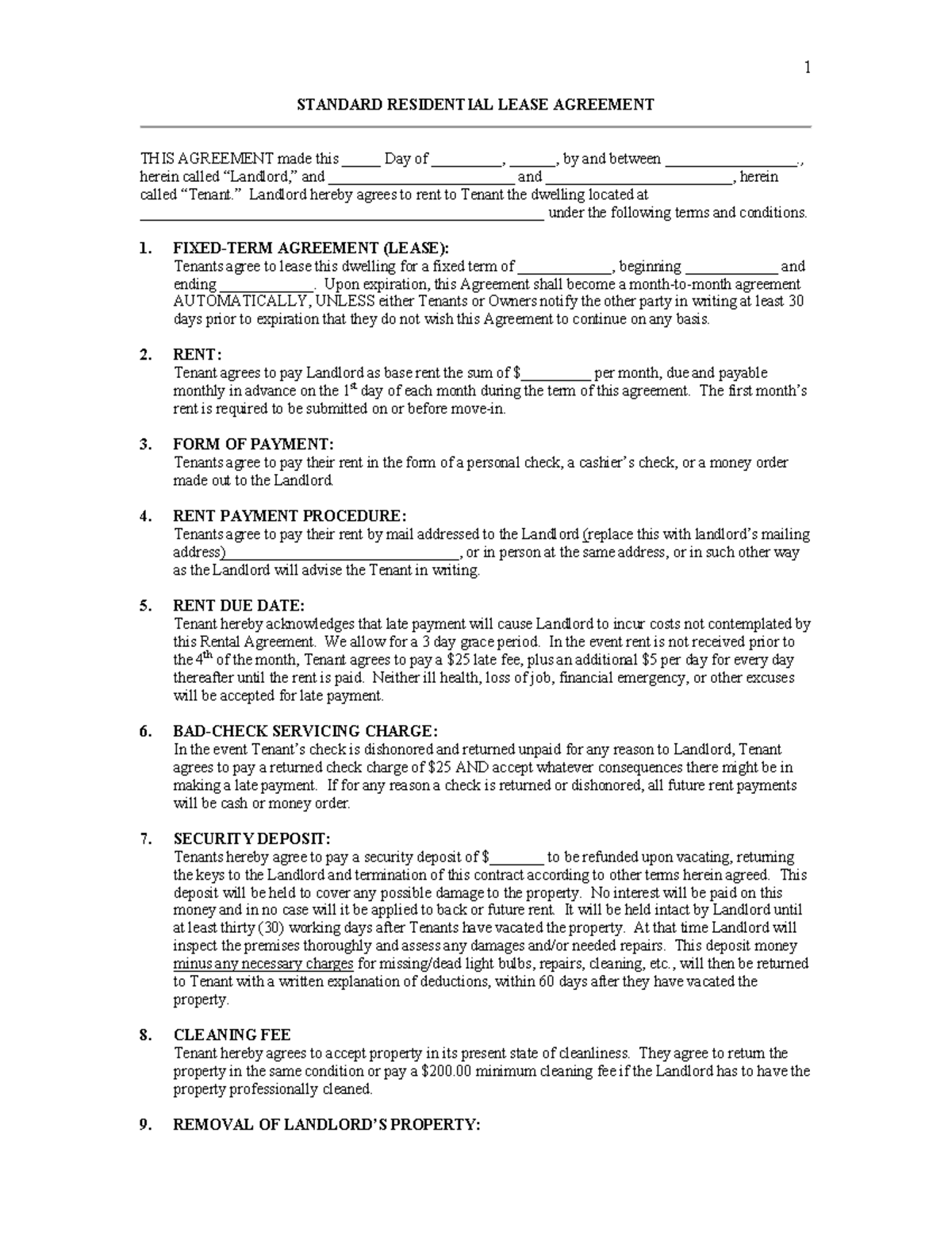 Standard lease agreement template 3 - STANDARD RESIDENTIAL LEASE ...