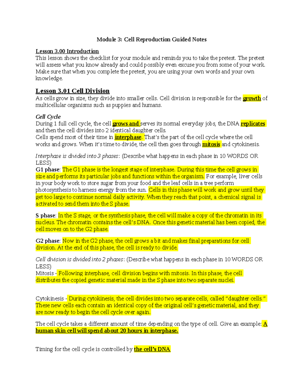 Biology Module 3 Guided Notes - Module 3: Cell Reproduction Guided ...