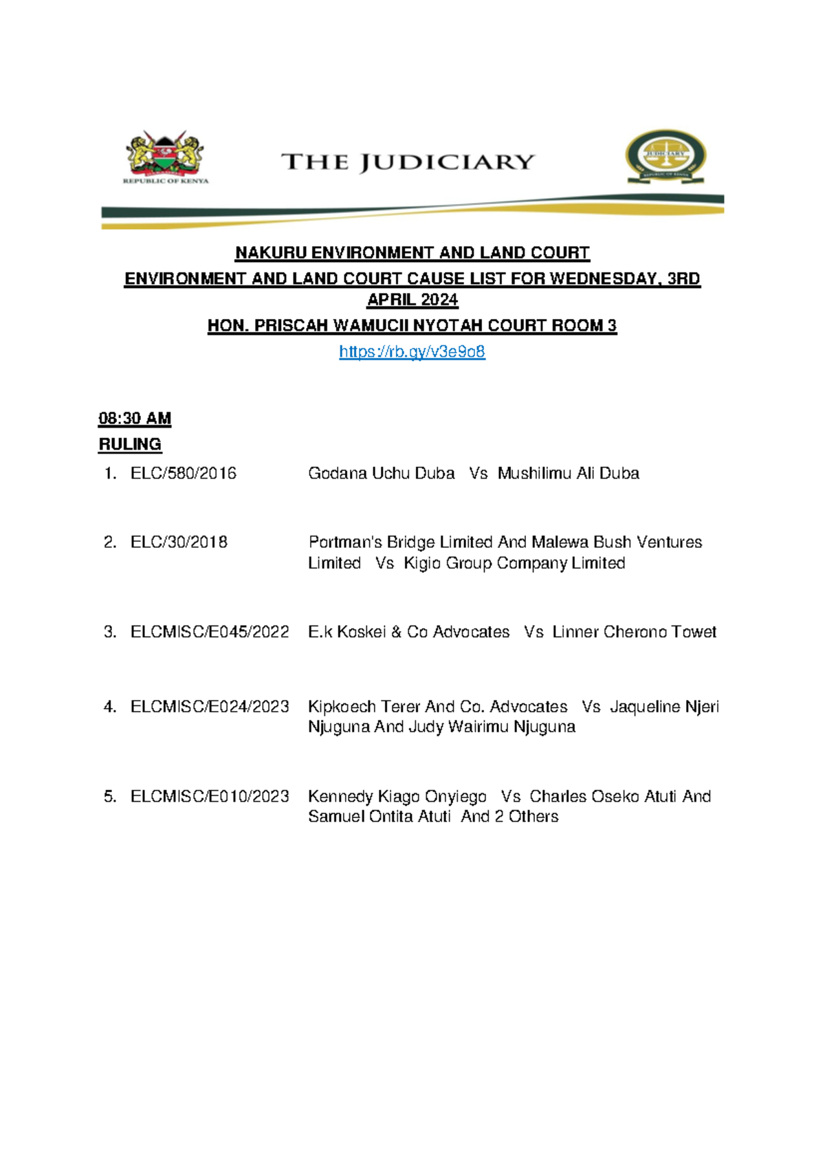 Nakuru ELC 2ND 5TH April 2024 ENVIRONMENT AND LAND COURT CAUSE LIST FOR WEDNESDAY, 3RD APRIL