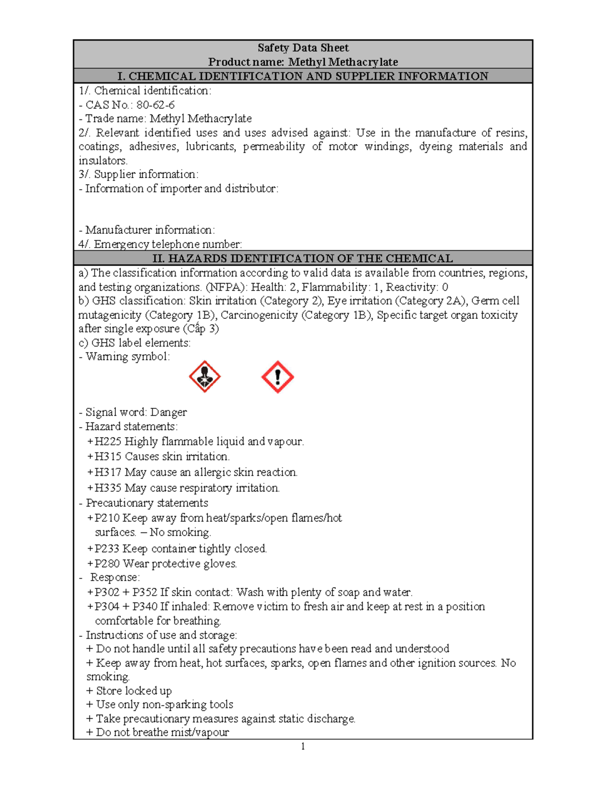 MSDS - Methyl Methacrylate RMMA - Safety Data Sheet Product name ...