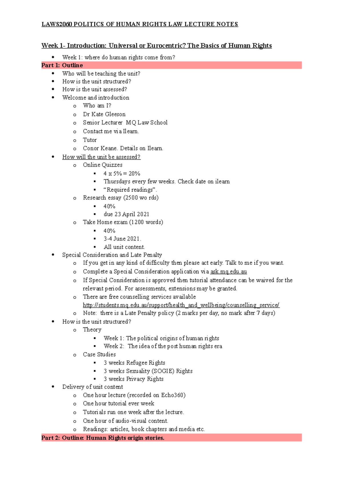 LAWS2060 Human Rights Lecture Notes - Week 1- Introduction: Universal ...
