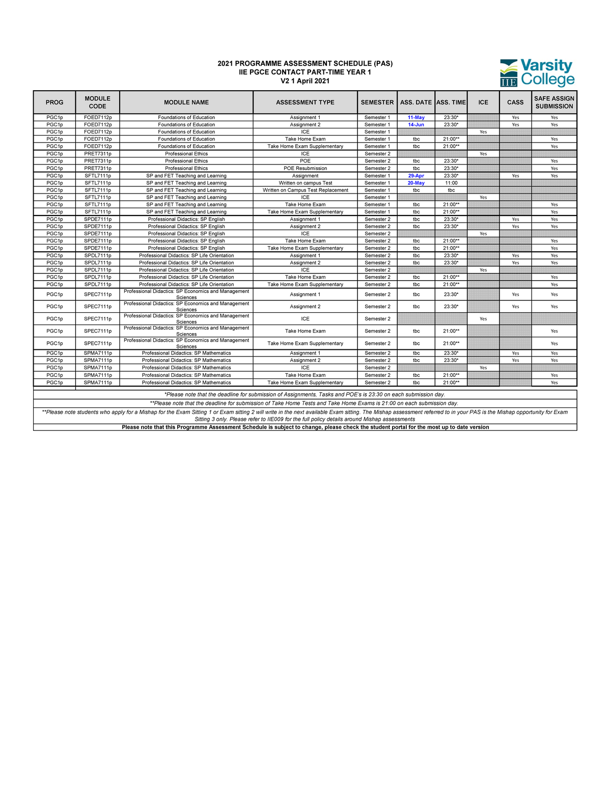 IIE PGC1p Y1 Programme Assessment Schedule 2021 V2 - PROG MODULE CODE ...