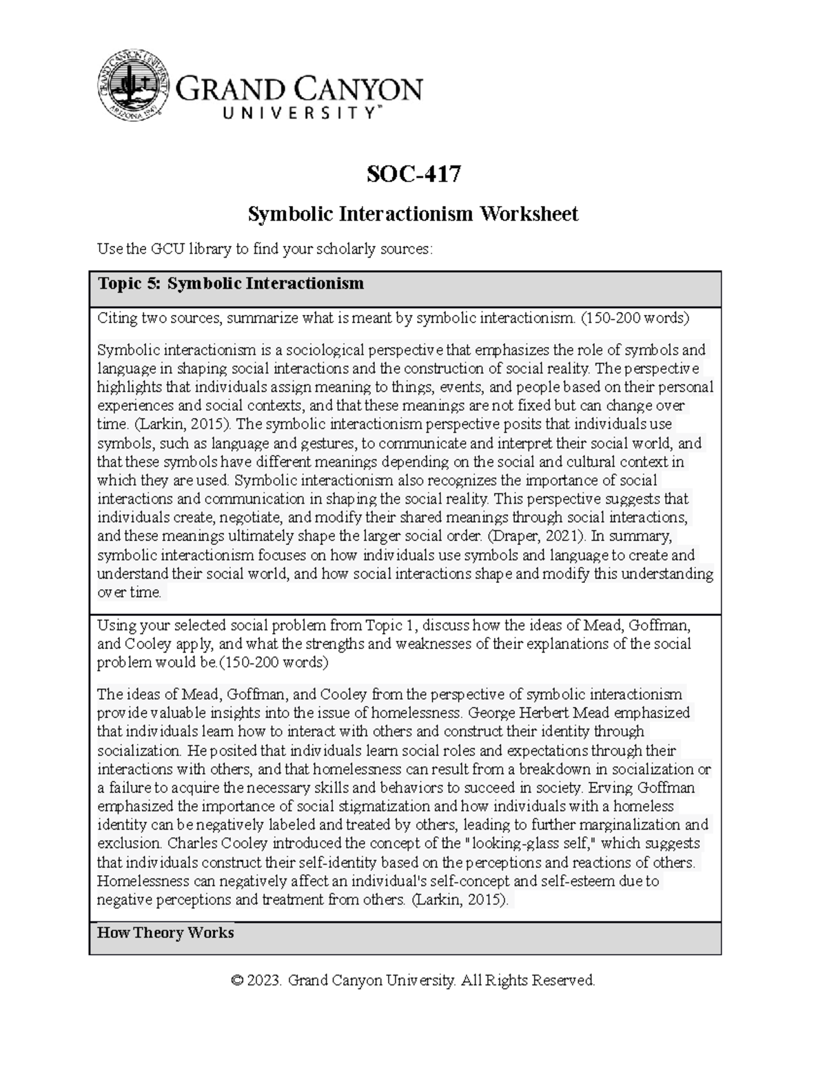 SOC-417 - Sociological Theory - SOC- Symbolic Interactionism Worksheet ...