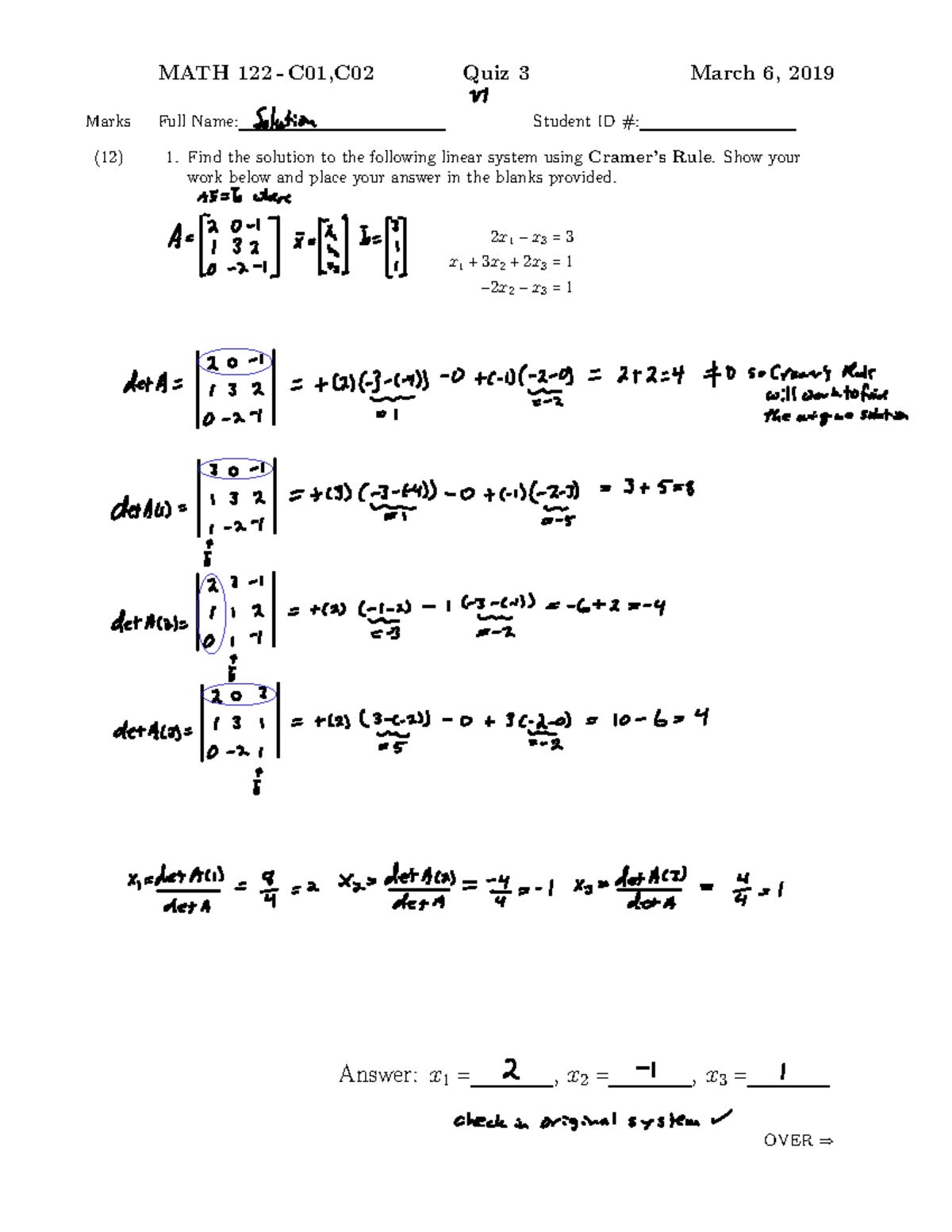 Exam 10 March 2019, Answers - MATH 122 - C01,C02 Quiz 3 March 6, 2019 ...