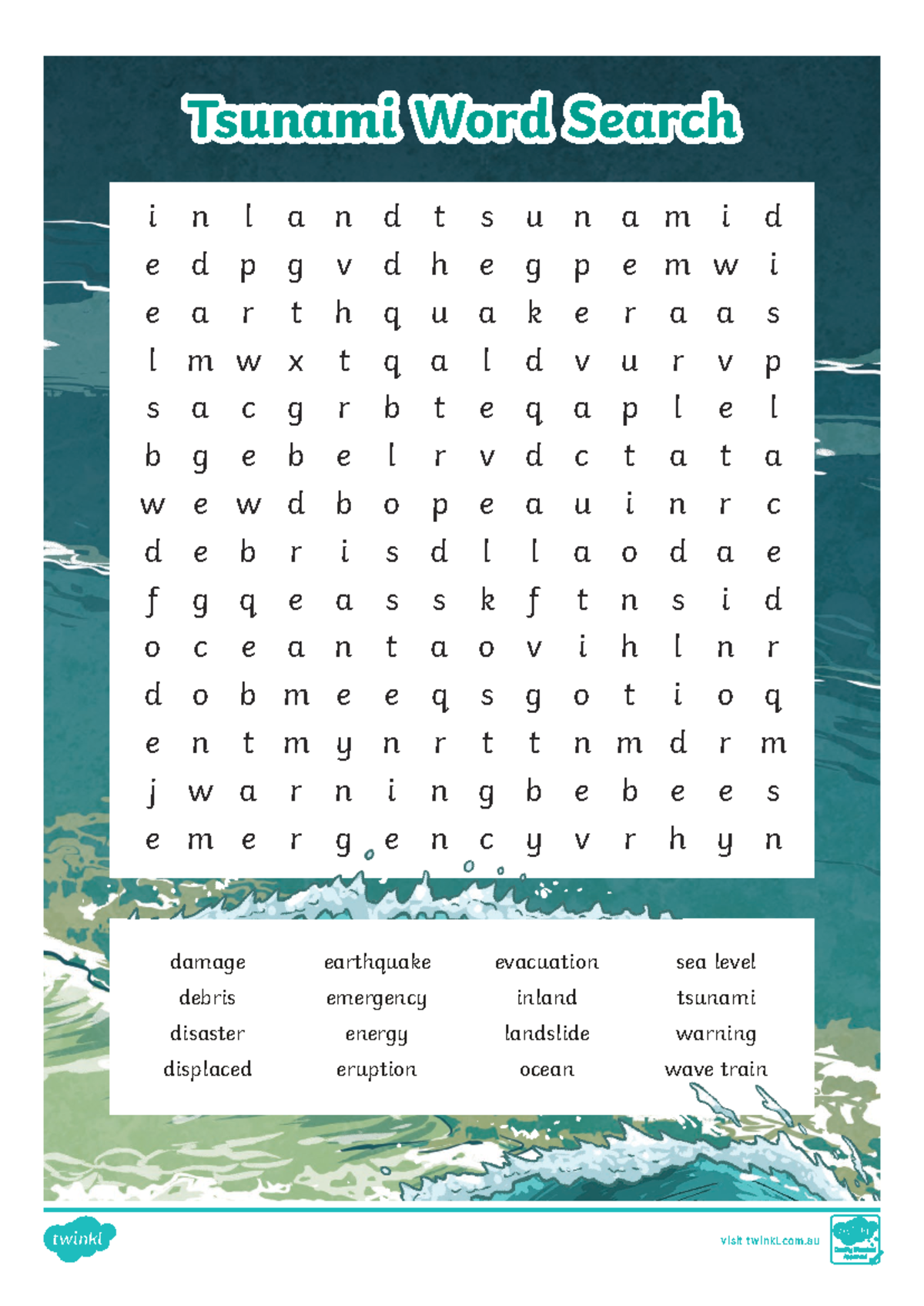 Tsunami Word Search - damage debris disaster displaced earthquake ...