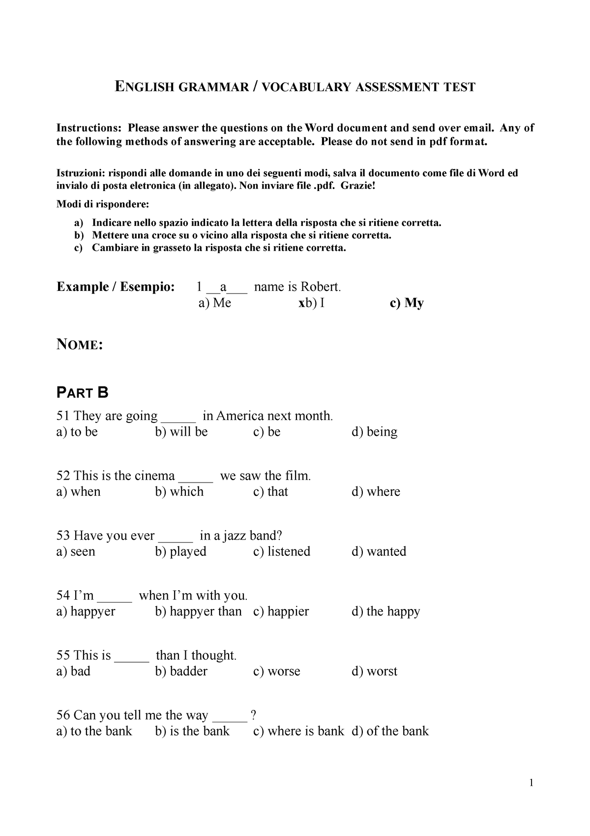 Test B Assessment 12-14 - ENGLISH GRAMMAR / VOCABULARY ASSESSMENT TEST ...