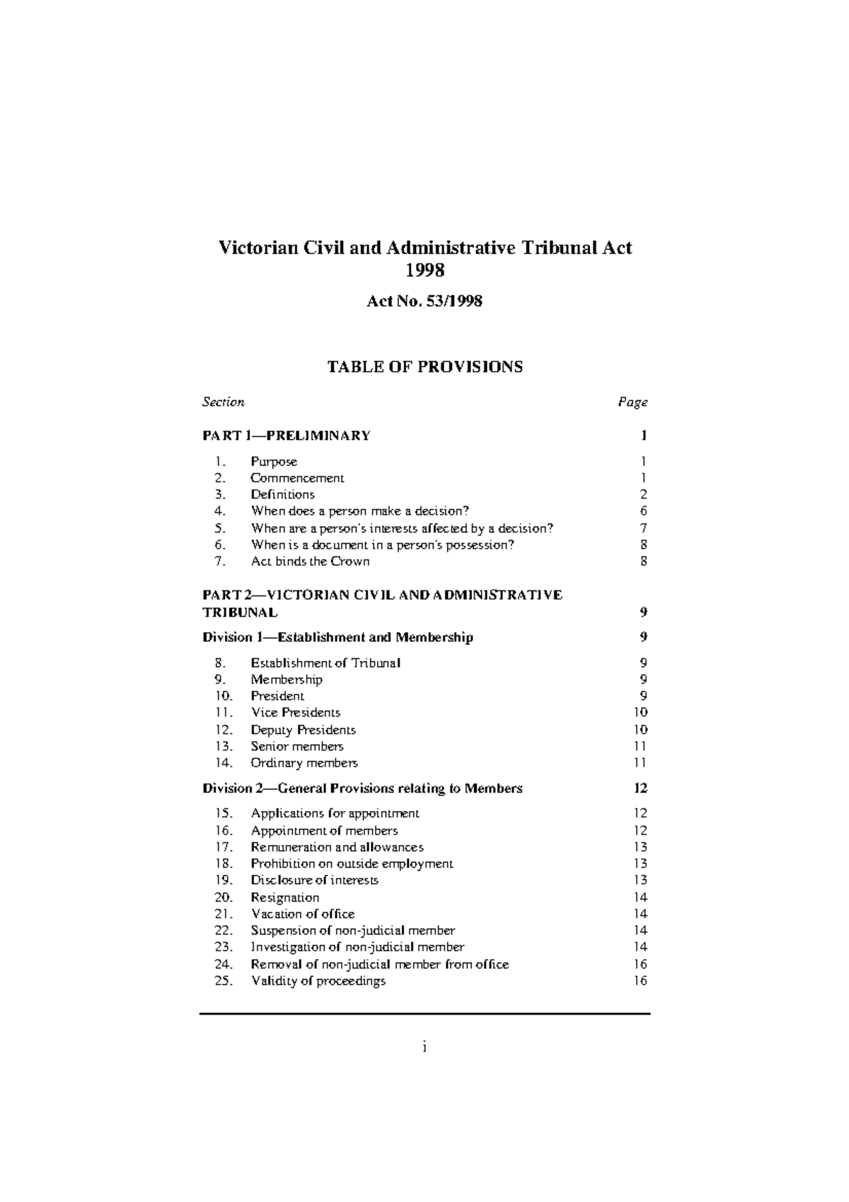 VCAT 1998 Act VCAT 1998 Act for study i TABLE OF PROVISIONS Section Page Section Page iv