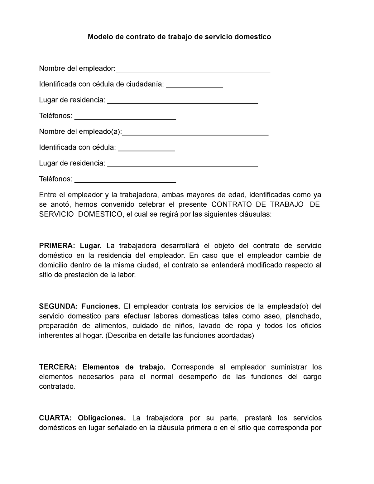 Modelo-de-Contrato-para-Empleadas - Modelo de contrato de trabajo de  servicio domestico Nombre del - Studocu