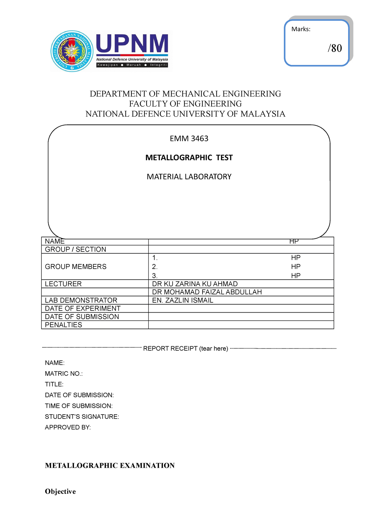 Metallographic TEST - work - DEPARTMENT OF MECHANICAL ENGINEERING 