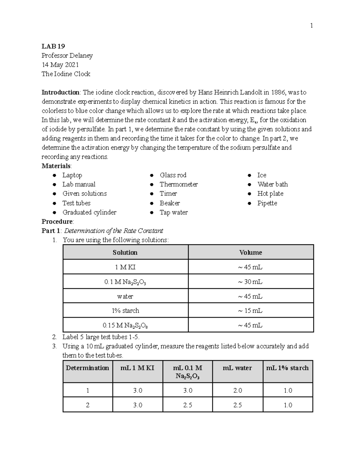 CHEM 106-06 LAB 19 - Lab report - LAB 19 Professor Delaney 14 May 2021 ...