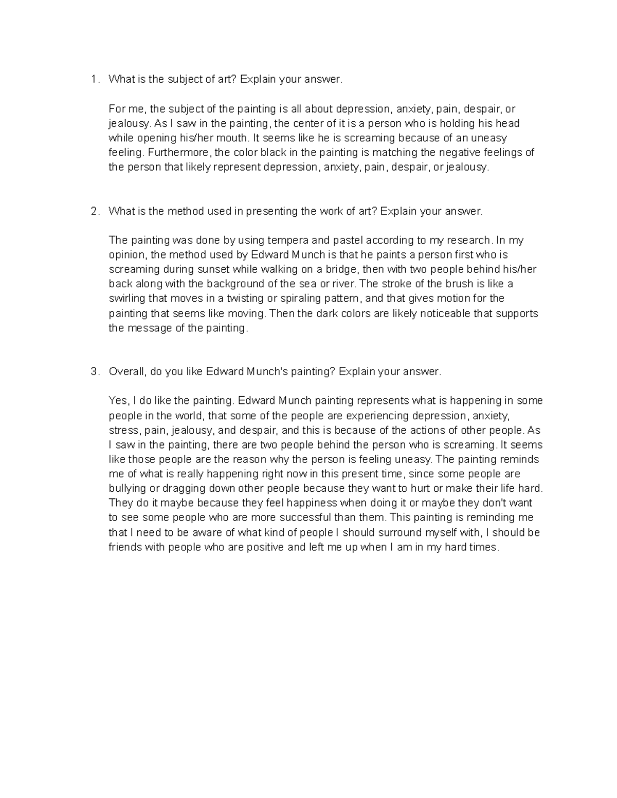 Art assignment (the scream) - What is the subject of art? Explain your ...