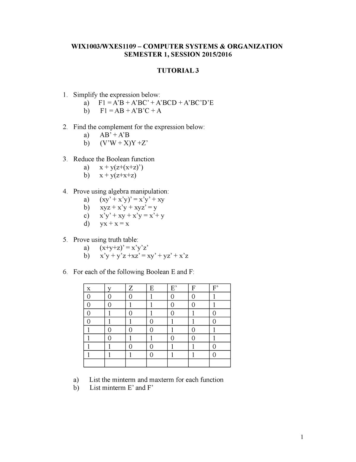 Tutorial 3 Boolean Algebra Wix1003 Universiti Malaya Studocu