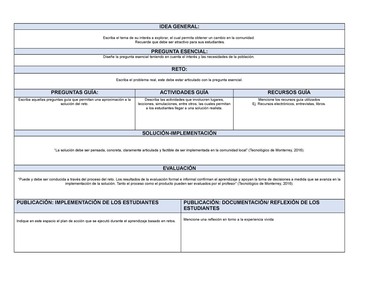Plantilla Aprendizaje Basado En Retos Idea General Escriba El Tema De Su Interés A Explorar 1862