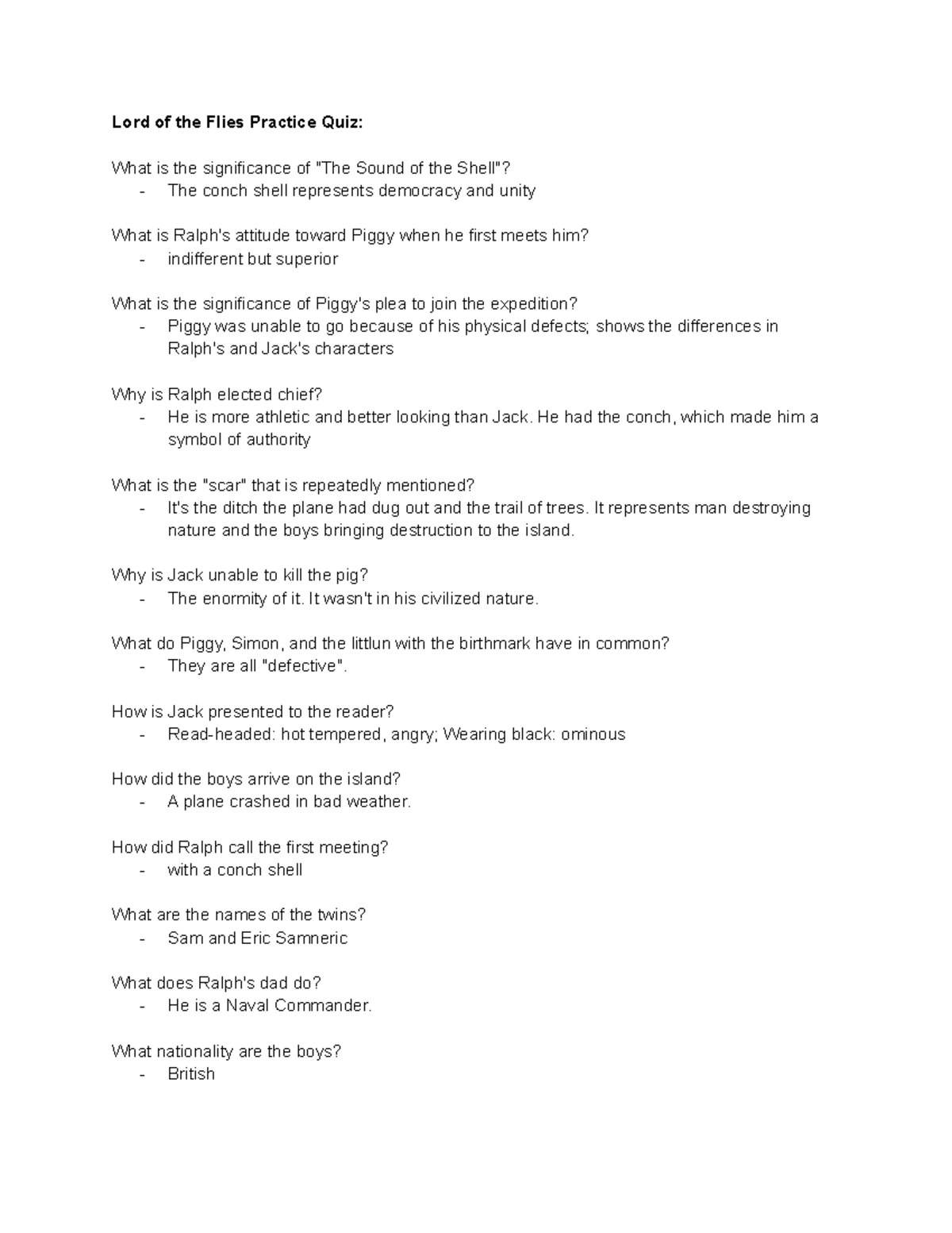 Lord of the Flies Notes - Lord of the Flies Practice Quiz: What is the significance of "The ...