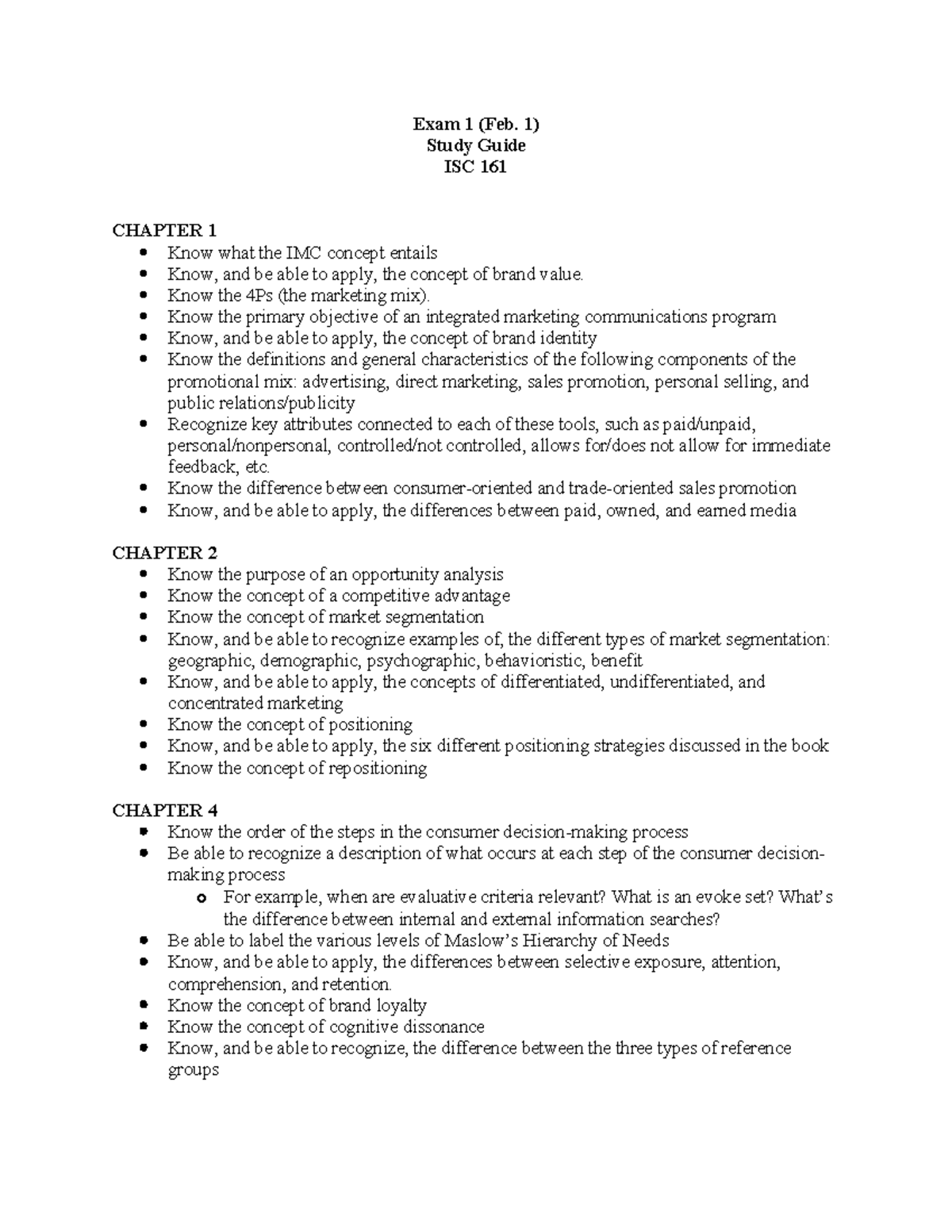 161 Exam 1 Study Guide - Exam 1 (Feb. 1) Study Guide ISC 161 CHAPTER 1 ...