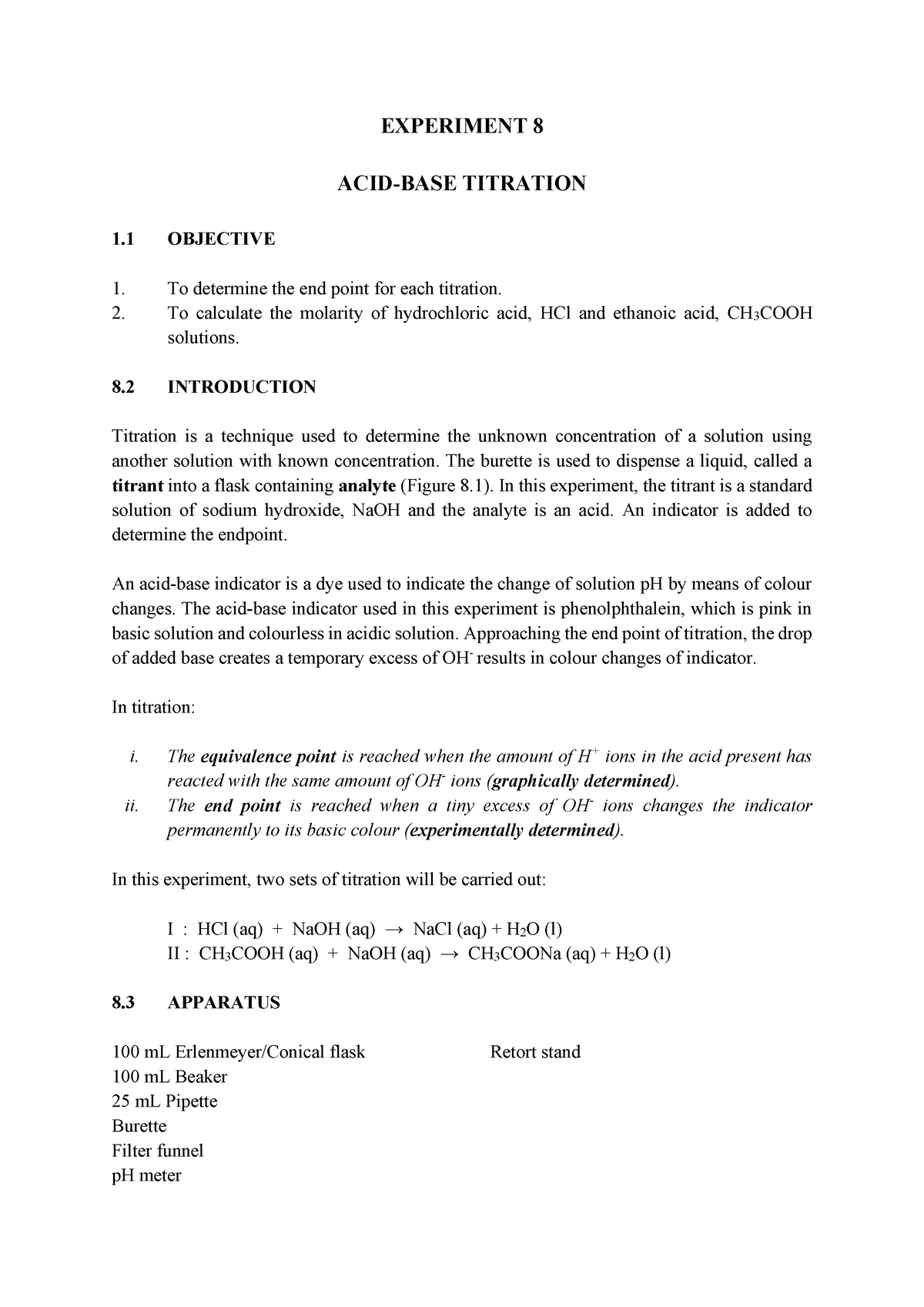 Experiment 8 - Chemistry Lab Manual - EXPERIMENT 8 ACID-BASE TITRATION ...