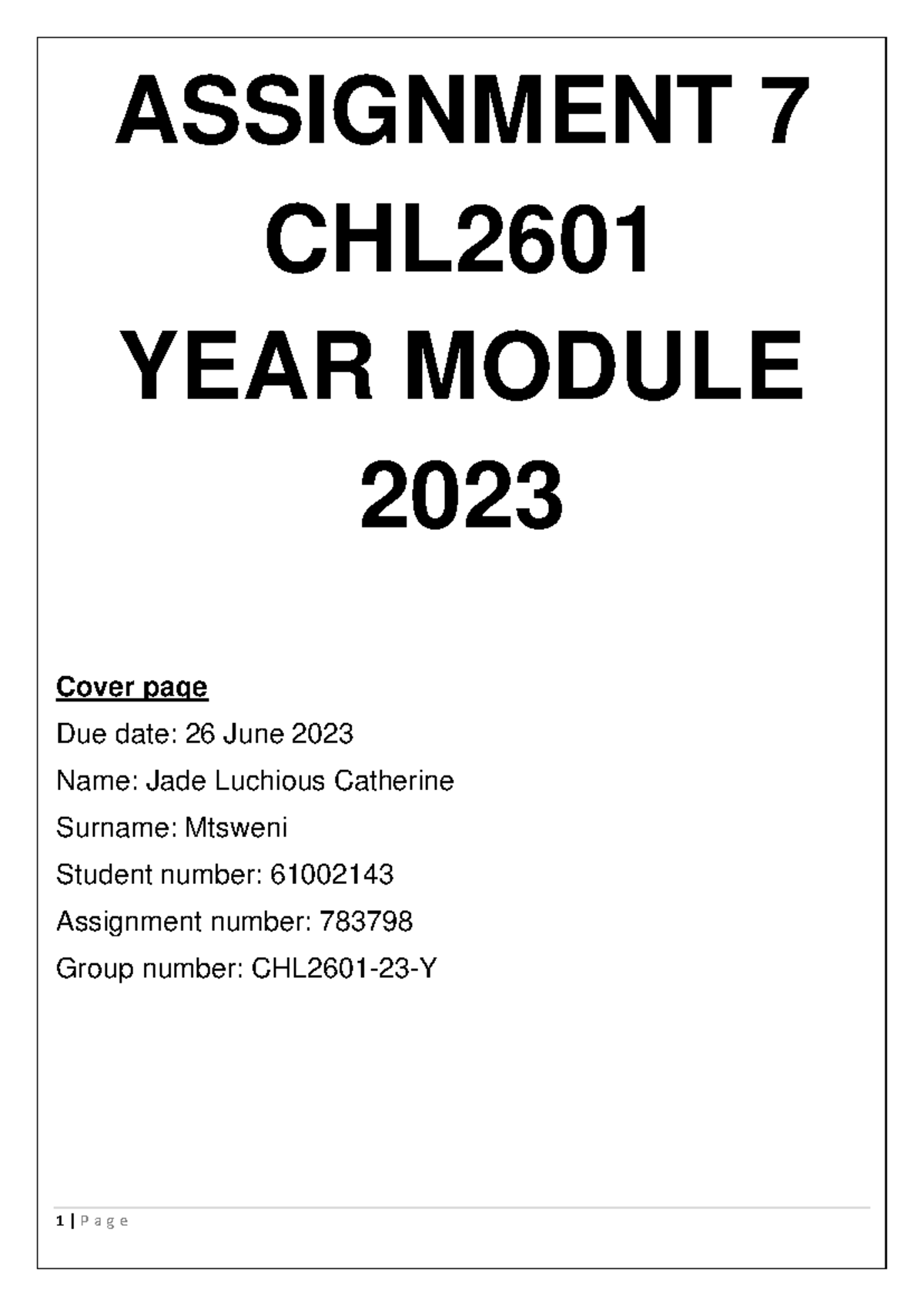 chl2601 assignment 7 answers