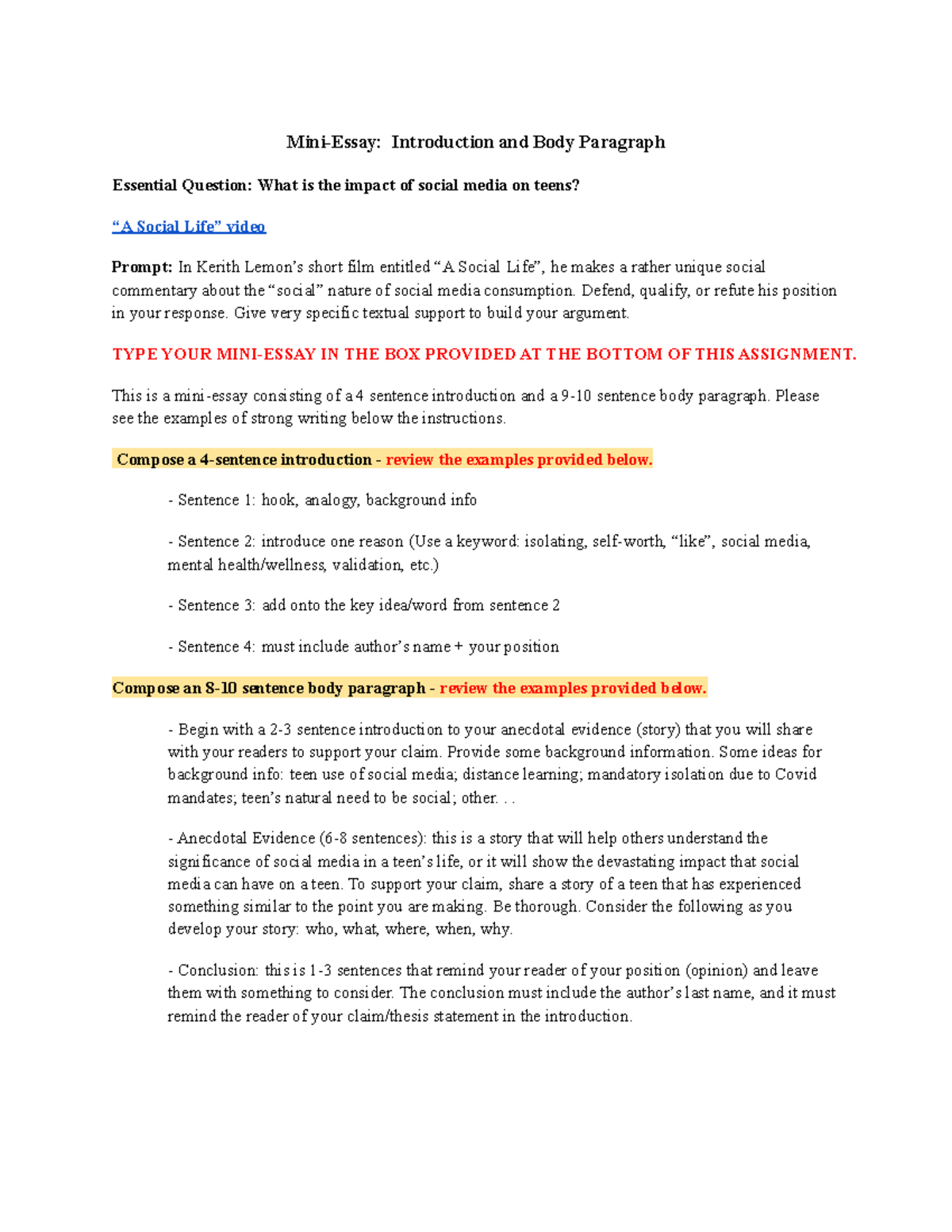 Mini-Essay Introduction and Body Paragraph - Mini-Essay: Introduction ...