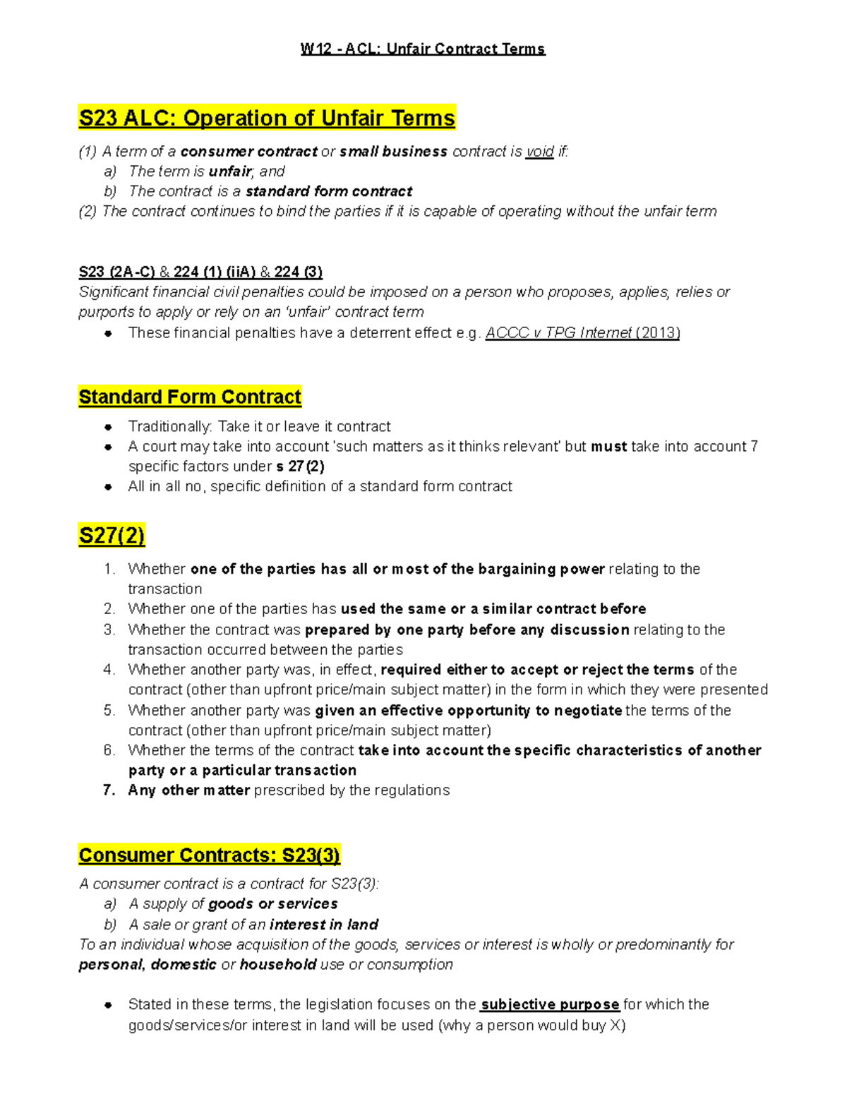 W12 - ACL Unfair Contract Terms - ACCC v TPG Internet (2013) Standard ...