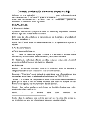 Formato de Contrato de donación de terreno de padre a hijo - Contrato de  donación de terreno de - Studocu