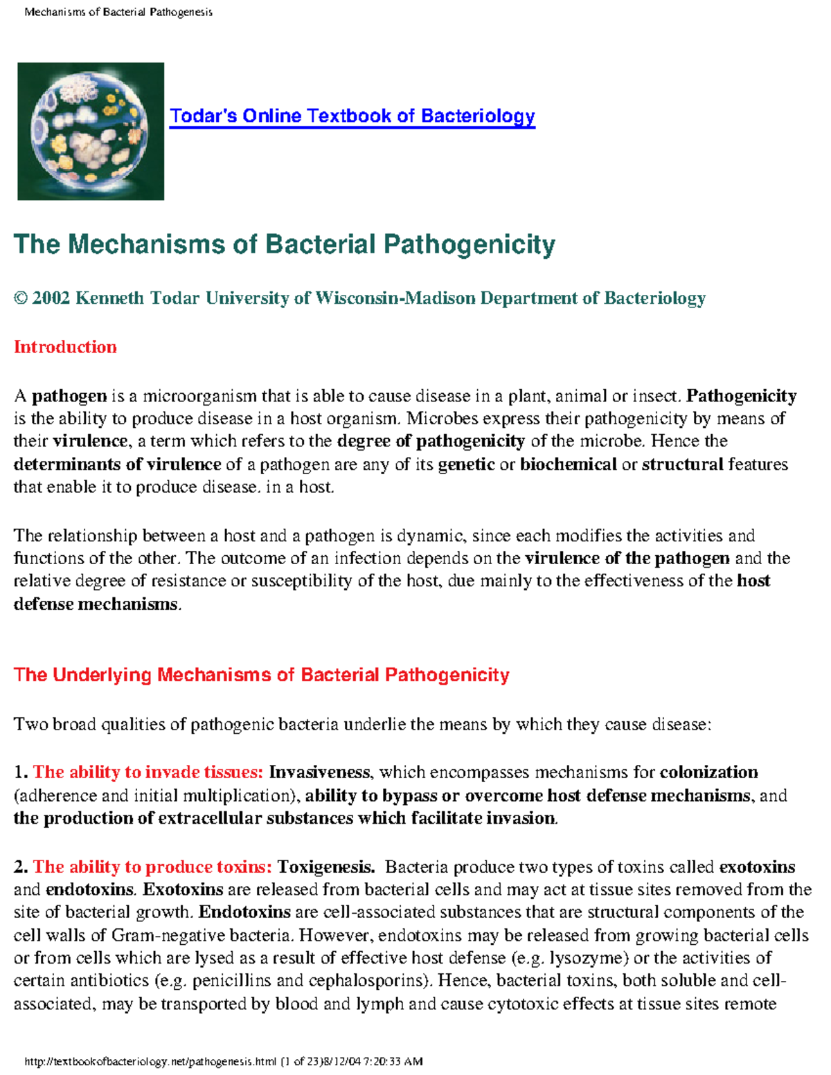 Micro 260 Todar Mechanisms of Bacterial Pathogenesis - Todar's Online ...