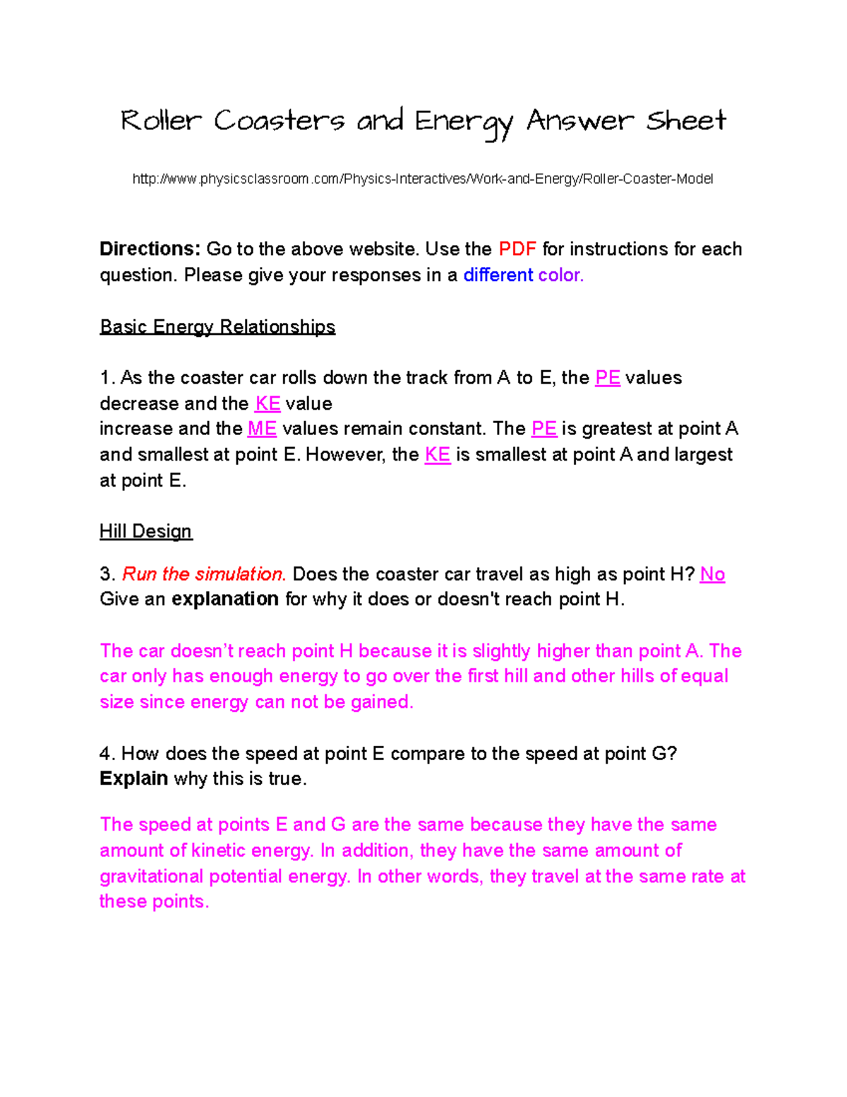 KEY Roller Coasters and Energy Answer Sheet Roller Coasters and