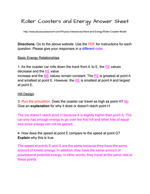 KEY Roller Coasters and Energy Answer Sheet Roller Coasters and