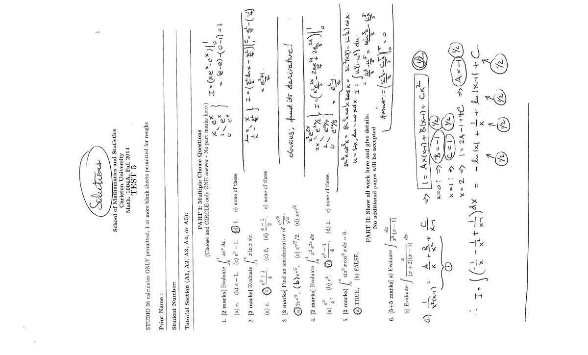 Test 5 Math 1004 2017 Solutions - Solutions 1 School of Mathematics and ...
