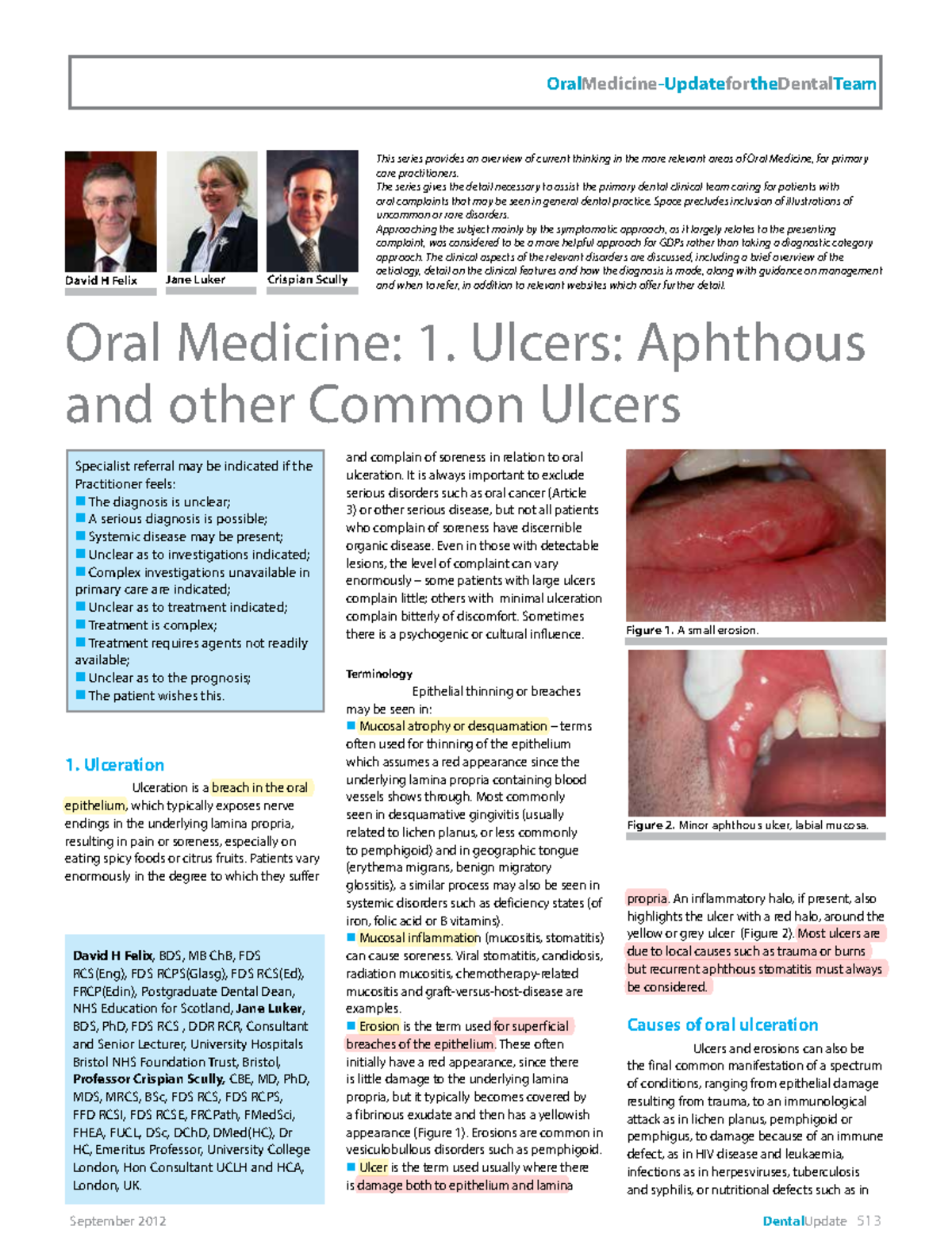 Ulcers pdf notes - September 2012 DentalUpdate 513 Oral Medicine: 1 ...
