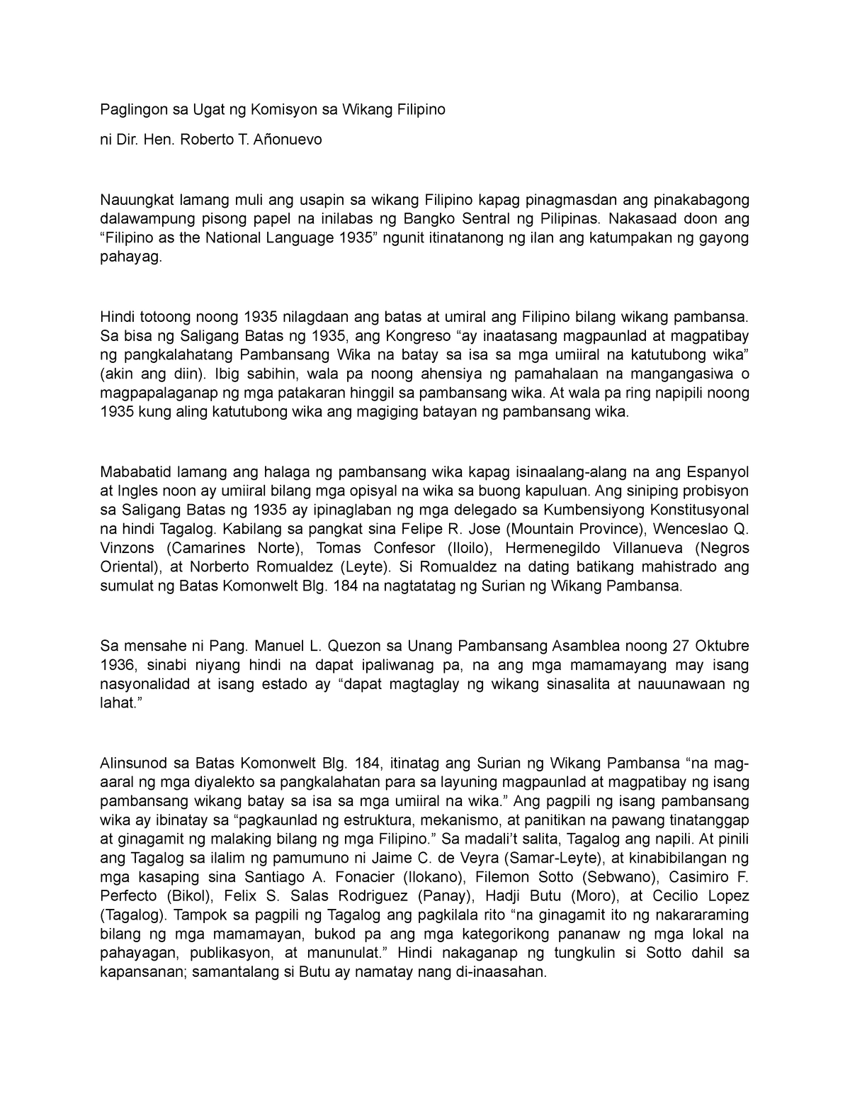 Kasaysayan Ng Wikang Filipino Paglingon Sa Ugat Ng Komisyon Sa Wikang Filipino Ni Dir Hen 3411