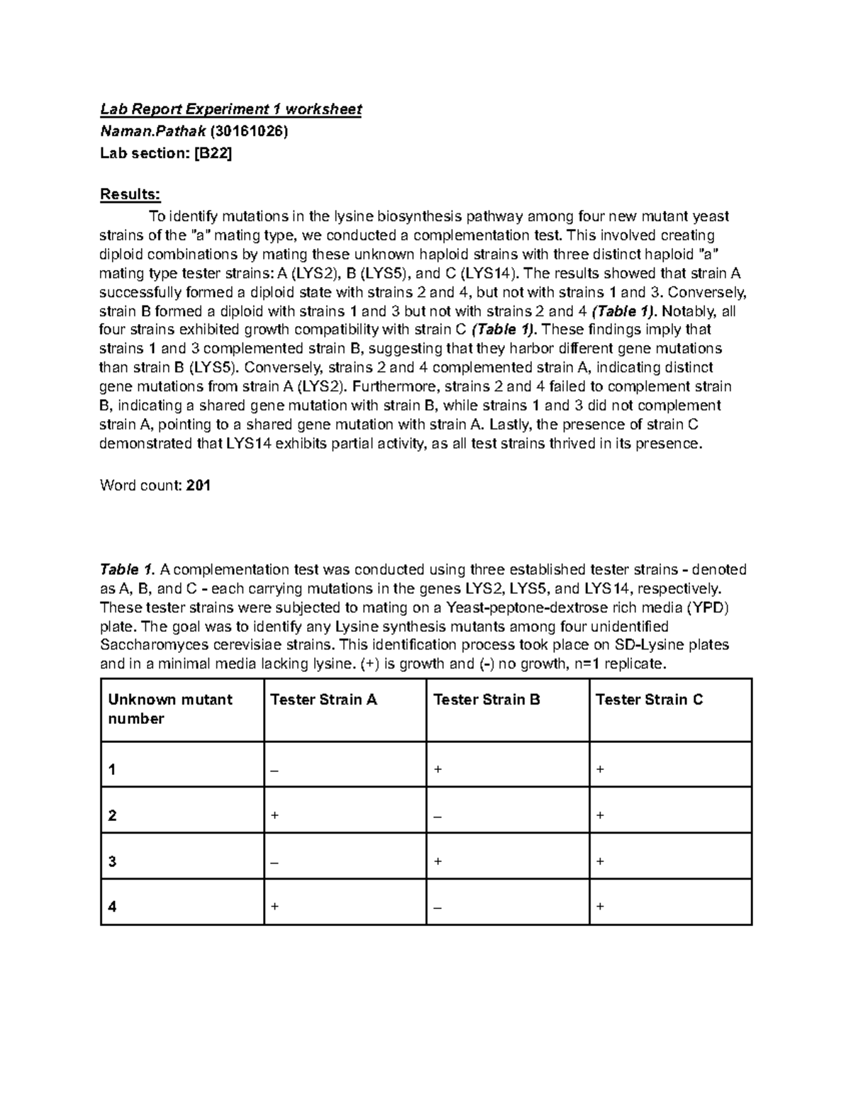 Experiment 1 Assignment (BIOL 311 B22) - Lab Report Experiment 1 ...