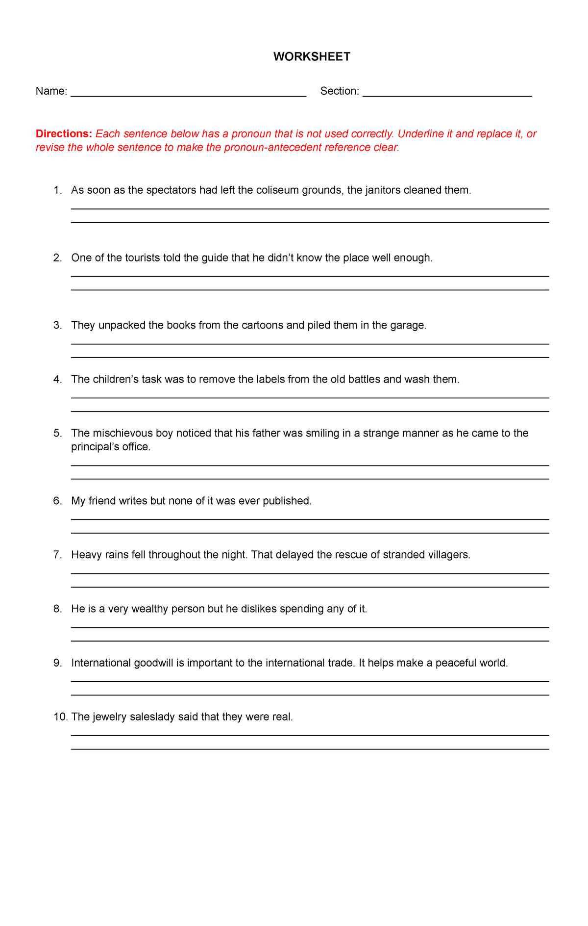 Eng Worksheet (Pronoun) - WORKSHEET Name ...