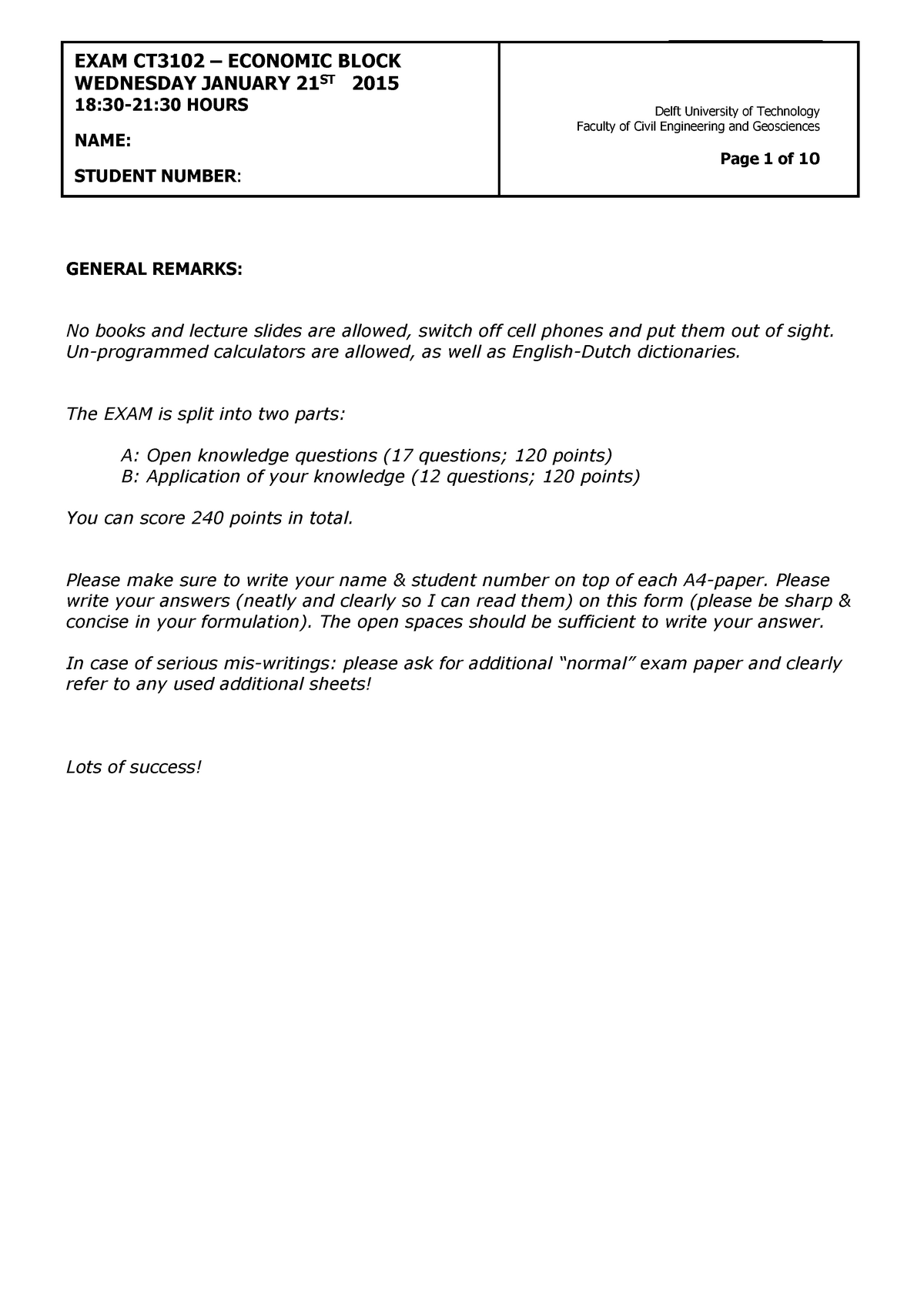 exam paper remarks 15: to Exam 2015 CT3102 Introduction  project finance