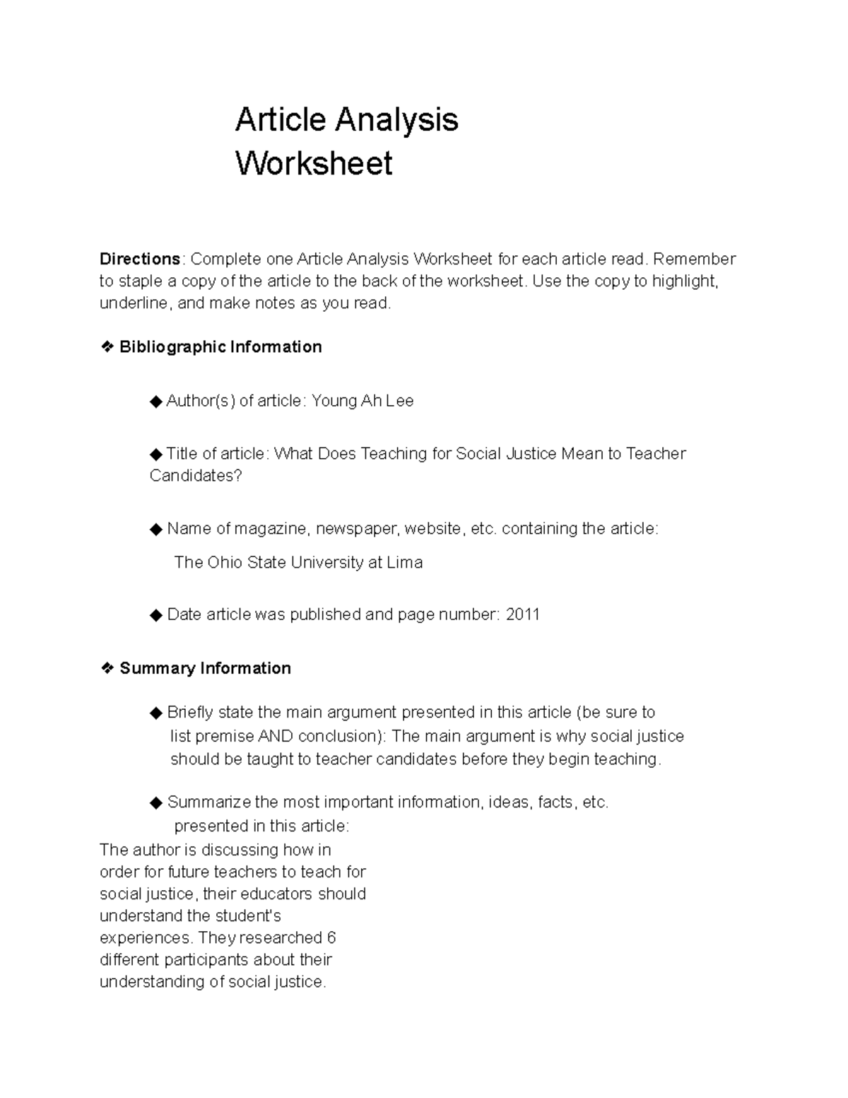 Article Reflection Worksheet - Article Analysis Worksheet Directions ...