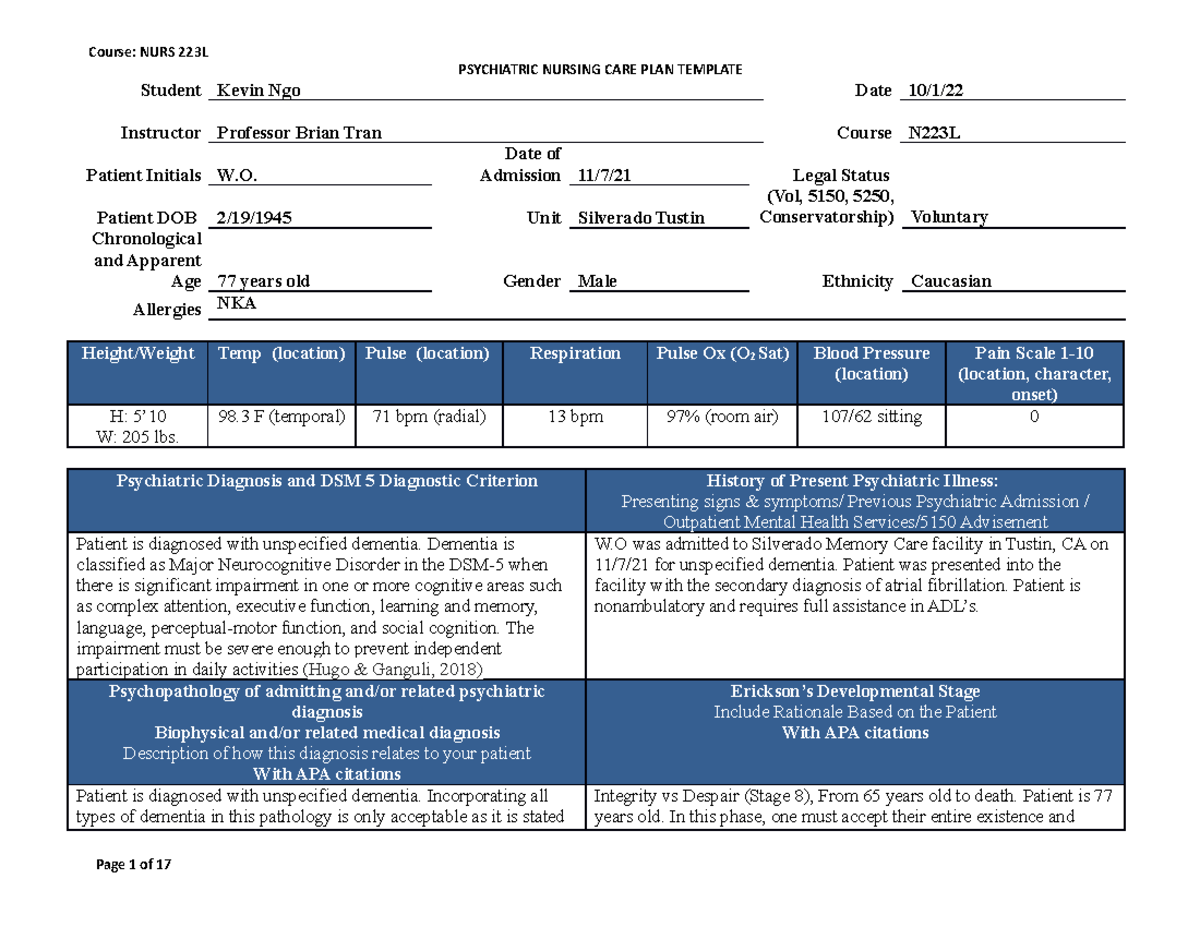 NURS 223L - Psychiatric Nursing Care Plan - PSYCHIATRIC NURSING CARE ...