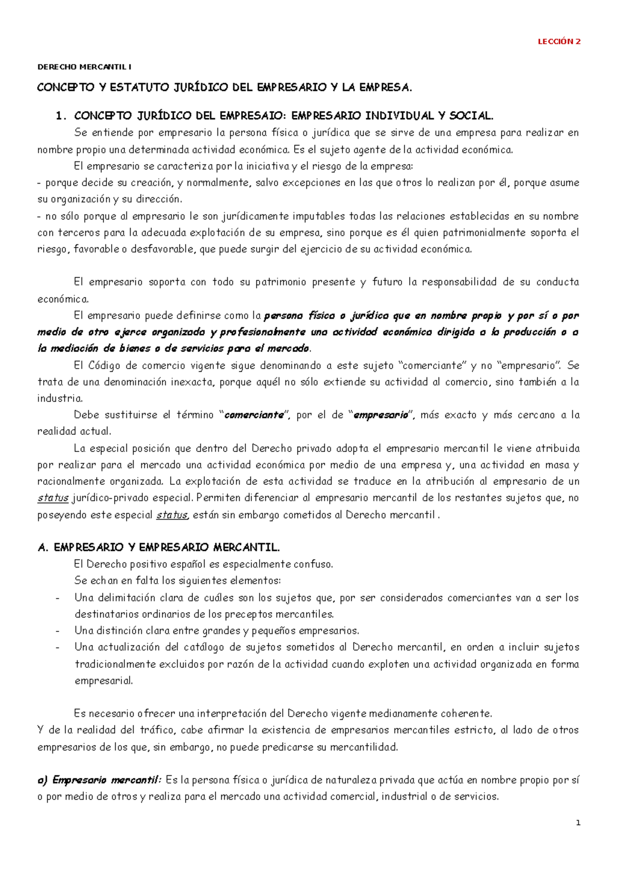 Lección 2. Derecho Mercantil - Empresa Y Empresario - LECCIÓN 2 DERECHO ...