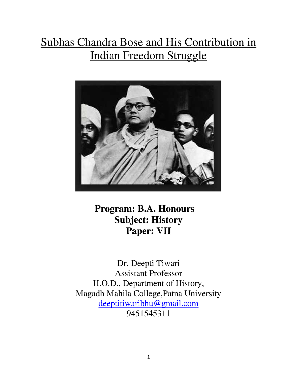 research paper on subhash chandra bose in hindi