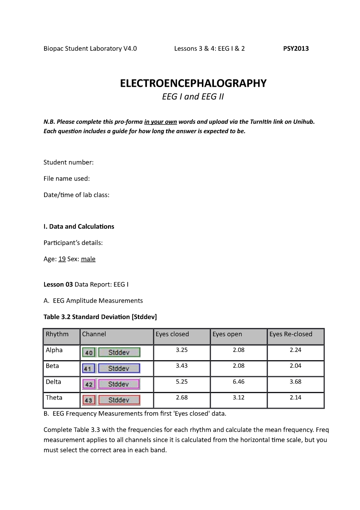 EEG lab data report Biopac Student Laboratory V4 Lessons 3 & 4 EEG I