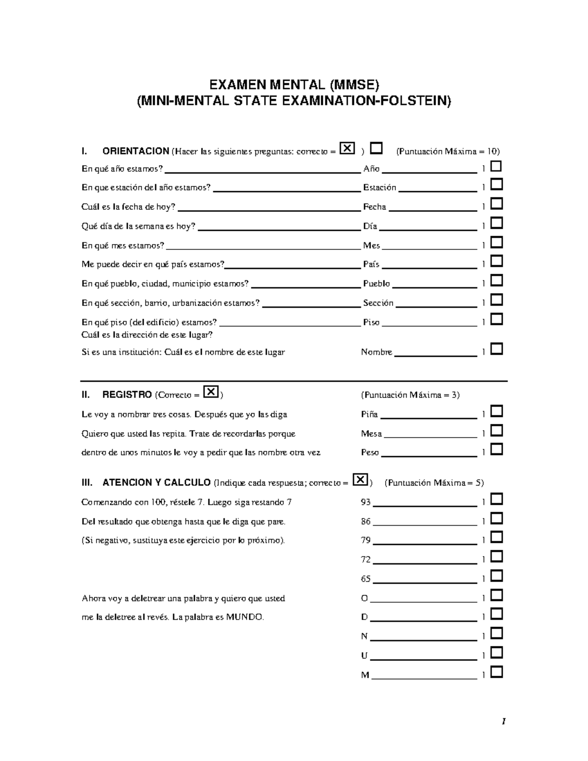 Mini Mental State Examination - 1 EXAMEN MENTAL (MMSE) (MINI-MENTAL ...