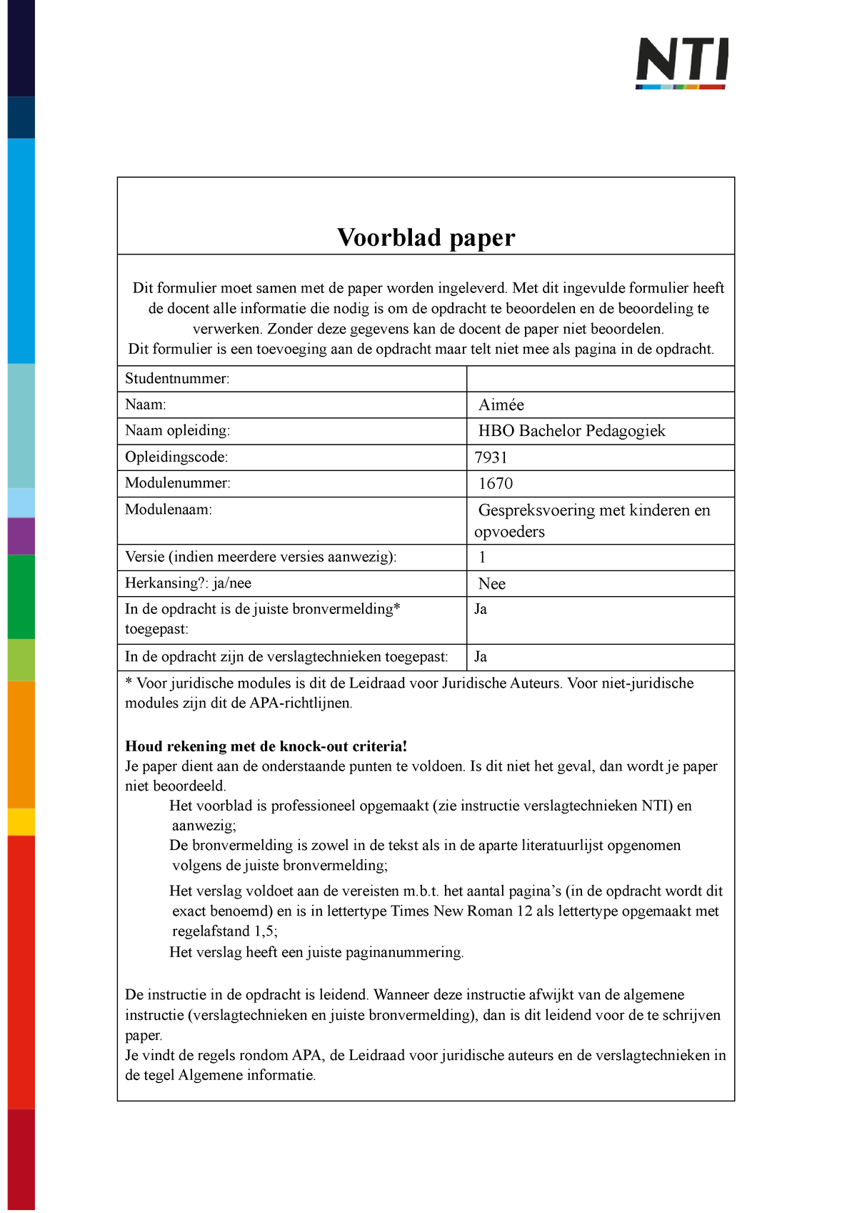 Paper Gespreksvoering Aimée - Voorblad Paper Dit Formulier Moet Samen ...