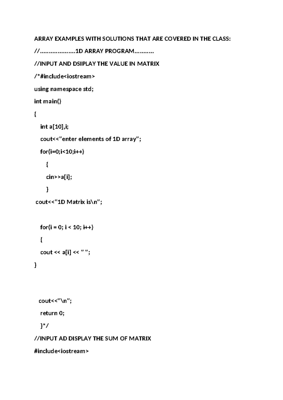 Array Examples - ARRAY EXAMPLES WITH SOLUTIONS THAT ARE COVERED IN THE ...