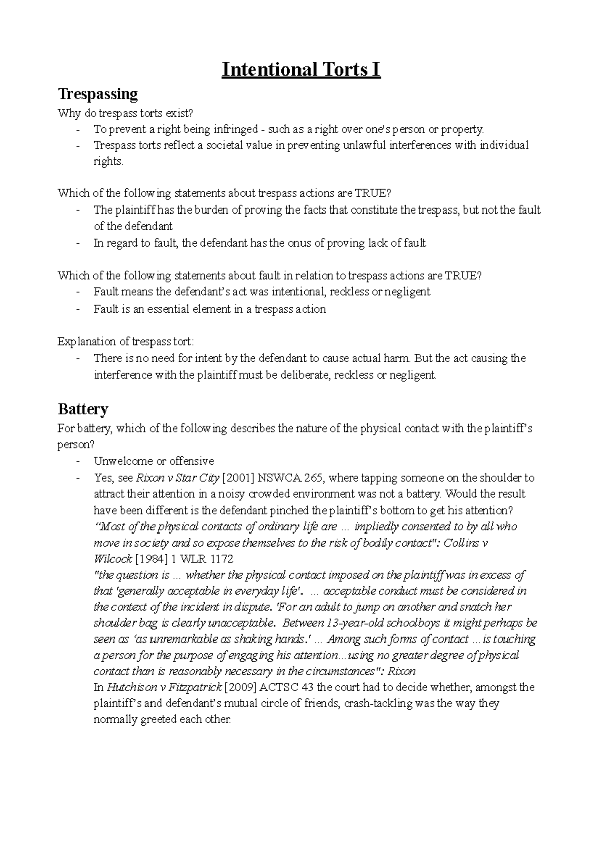 Week 2 - Intentional Torts I - Intentional Torts I Trespassing Why do ...