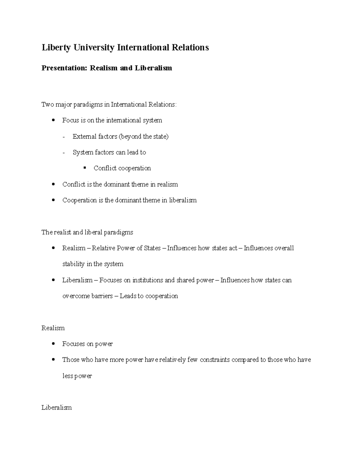 International Relations Presentation Realism And Liberalism Liberty