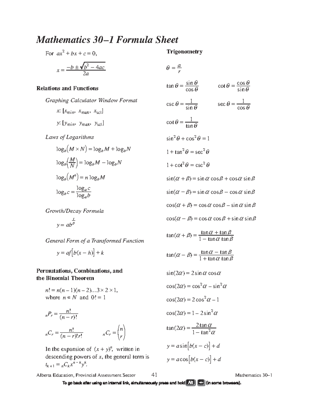 Alberta Math 30 1 Formula Sheet Alberta Education Provincial 