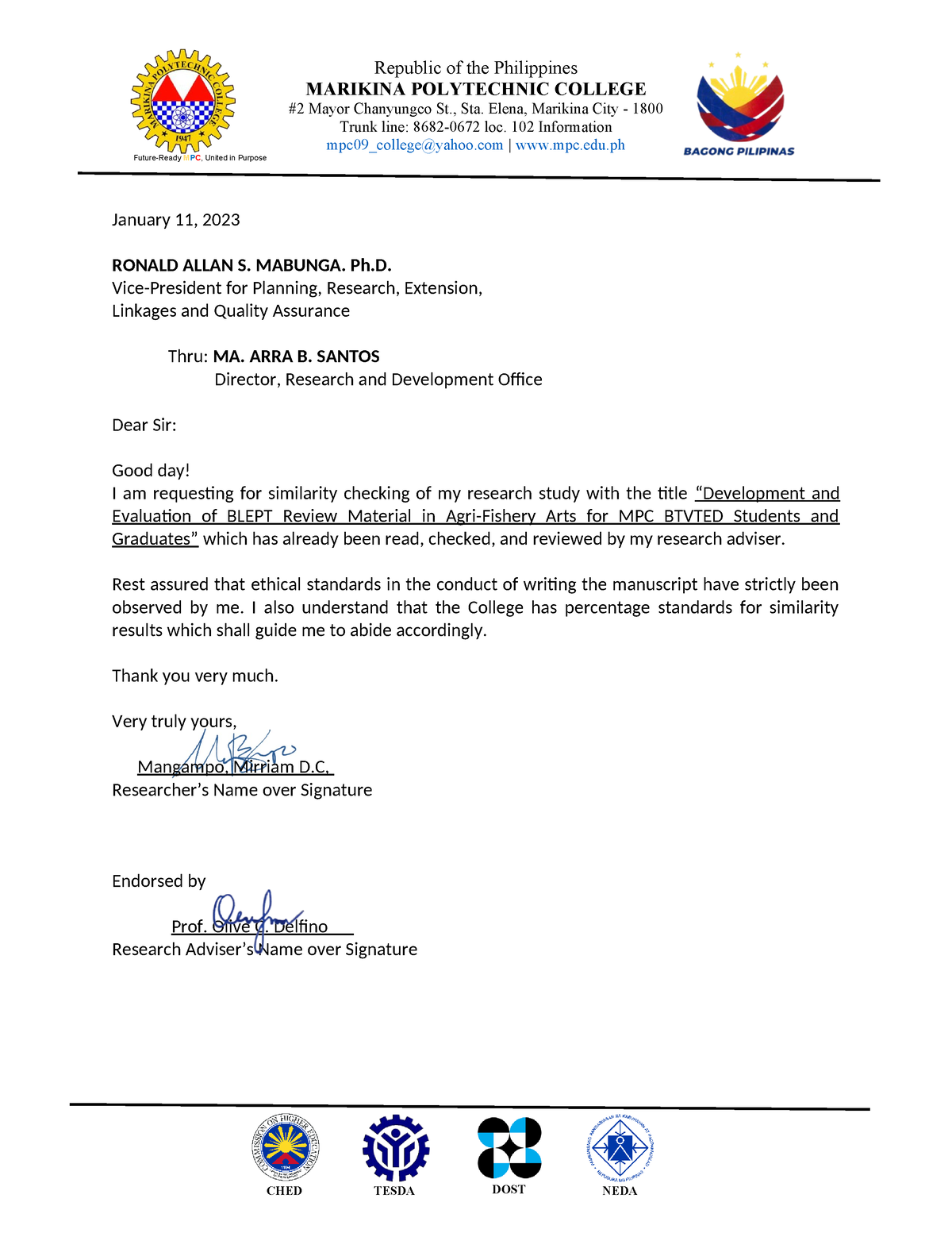 Template Similarity Check Endorsement Letter Ched Tesda Dost Neda Republic Of The Philippines