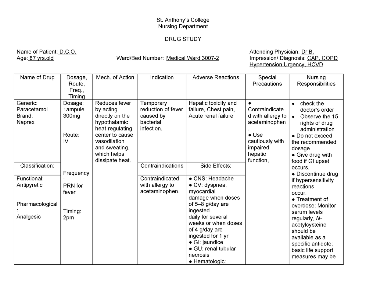 Scribd - N/A - St. Anthony’s College Nursing Department DRUG STUDY Name ...