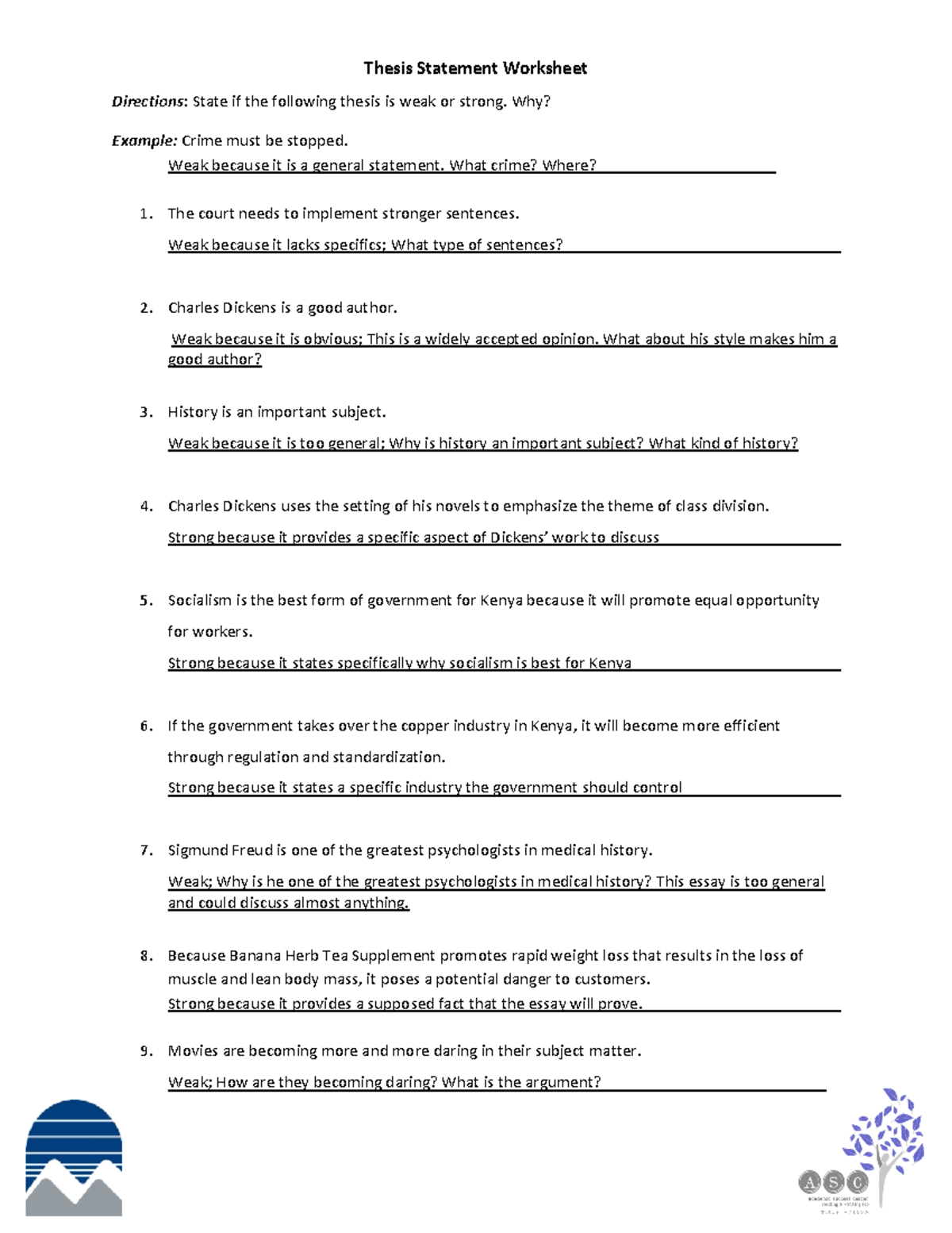 thesis statement practice worksheet answer key